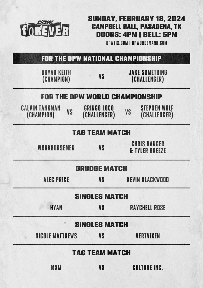 HAPPY DPW DAY 🔥 We make our debut tonight in Pasadena, TX - 2 title fights, Chris Danger's 2nd match, a grudge match, & so much more! Tickets are available online until 3pm. Doors @ 4ish; Bell @ 5ish