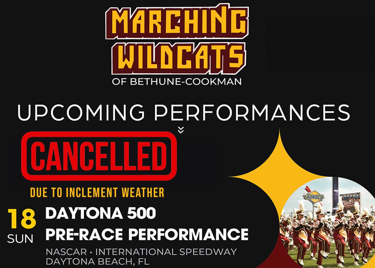 Due to inclement weather, today's pre-race performance at  <a href="/NASCAR/">NASCAR</a> <a href="/DAYTONA/">Daytona International Speedway</a> has been cancelled. We hope to see you all next year!