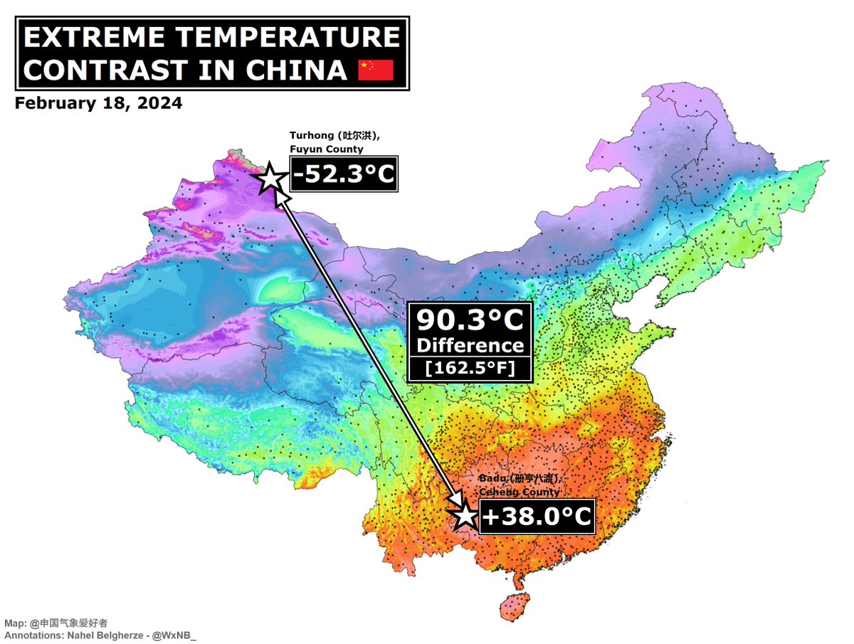 We may have just witnessed the largest temperature contrast ever recorded for a single country. There was a staggering 90.3°C difference between today’s lowest minimum and highest maximum temperatures in China.