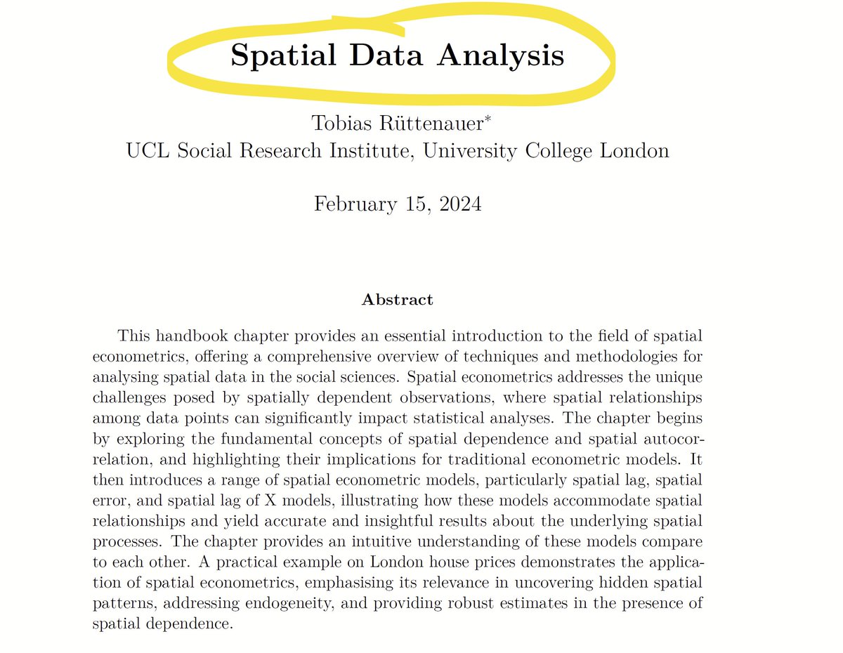 Hi #EconTwitter! 🌍

Diving into spatial #econometrics and looking for an introductory, accessible guide? 

Don't miss @ruettenauer's (@UCL) introductory chapted on the topic!

It cover the essentials, from spatial dependence to autocorrelation, and gently introduces the basic