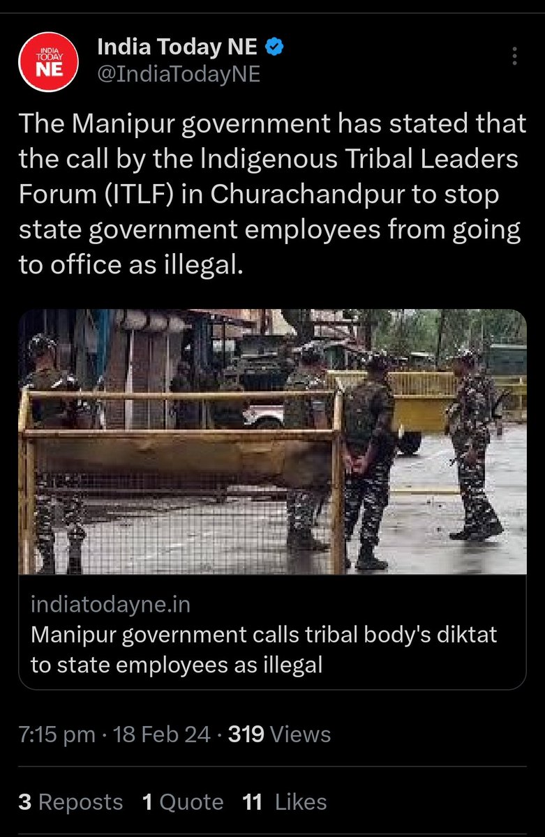 #GOM declared the notice issued by ITLF in Churachandpur, directing govt employees to refrain from going to the office, as illegal.

Questions arise:
-In what capacity did ITLF issue the notice?
-Is ITLF superior to #GOI &amp; #GOM laws?

Urging to label ITLF as an anti-national