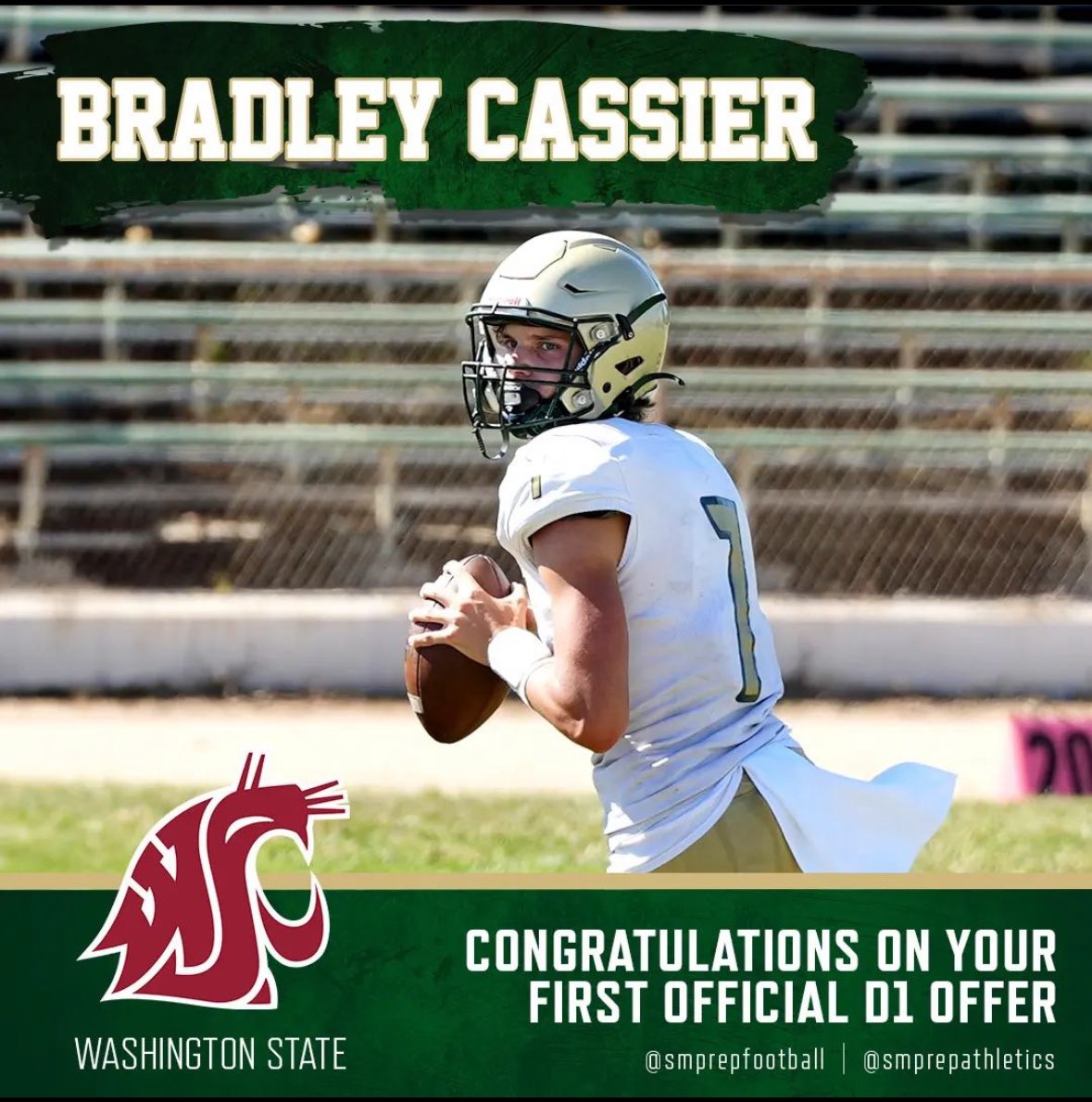 Congratulations to freshman quarterback @bradleycassier on your first offer to play D1 football at Washington State University @WSUCougarFB. @CoachTBarnes @GregBiggins @247Sports @adamgorney @BrandonHuffman @ChadSimmons_ @latsondheimer #GoCougs #wazzu #GoMariners