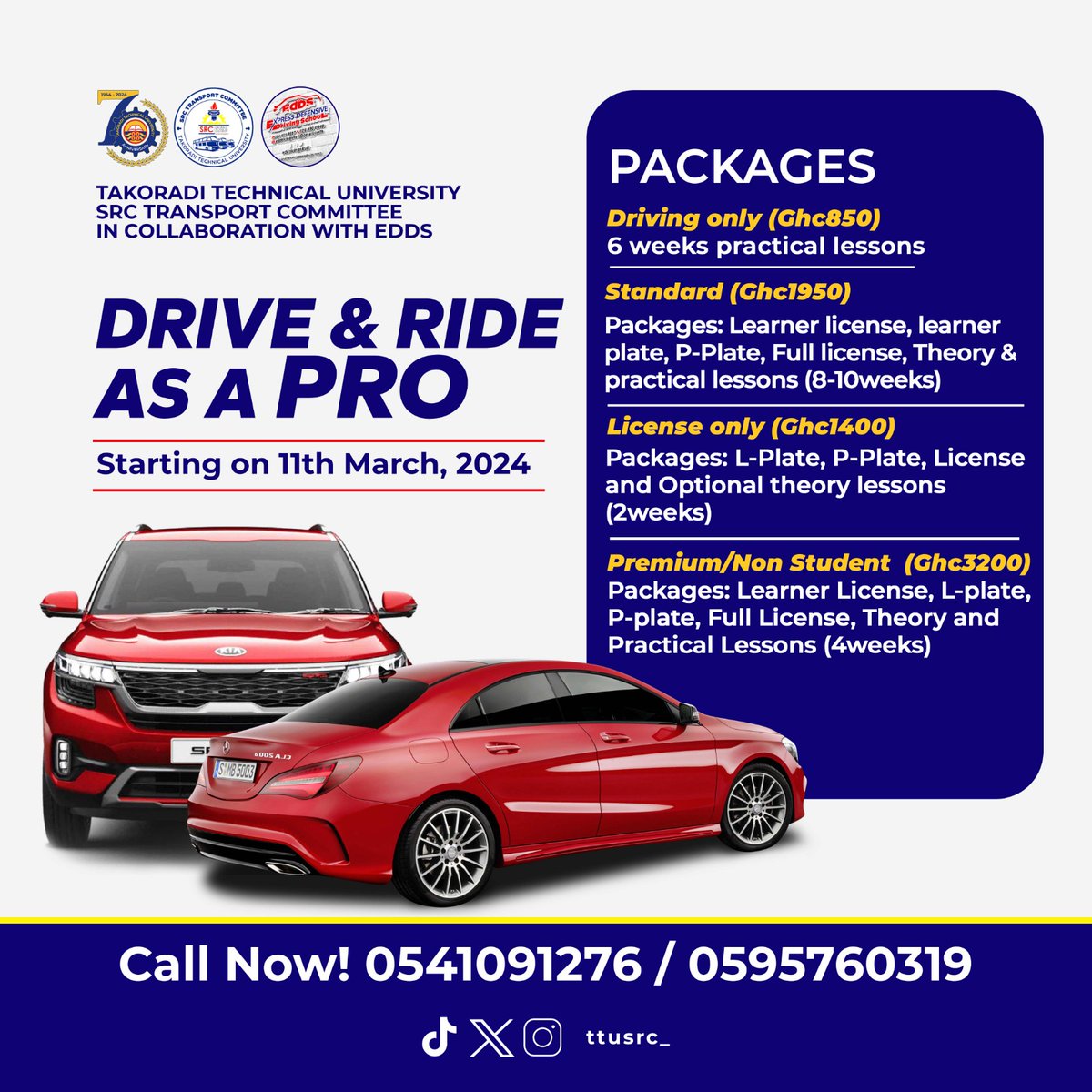 Get ready to hit the road, the TTU SRC Transport Committee got you covered. Whether you're a student or not, we've got packages tailored just for you! Don't miss out, register and start your driving journey with us on March 11, 2024. Call now for more info: 0541091276/0595760319