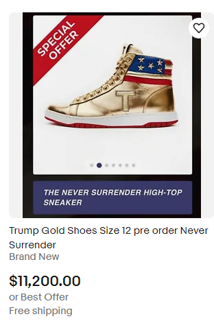 johnscharts's tweet photo. Trump Sneakers on eBay $11,200
#TrumpSneakers https://t.co/HngizcepvU