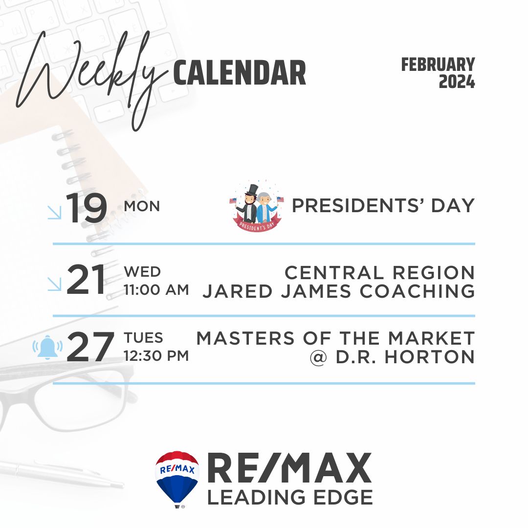 Stay organized and conquer the week ahead with our handy weekly calendar! 🗓️✨

#WeeklyPlanning #StayOrganized #ProductivityBoost #realestate #jaredjames #remax #weareremax #coaching #calendar