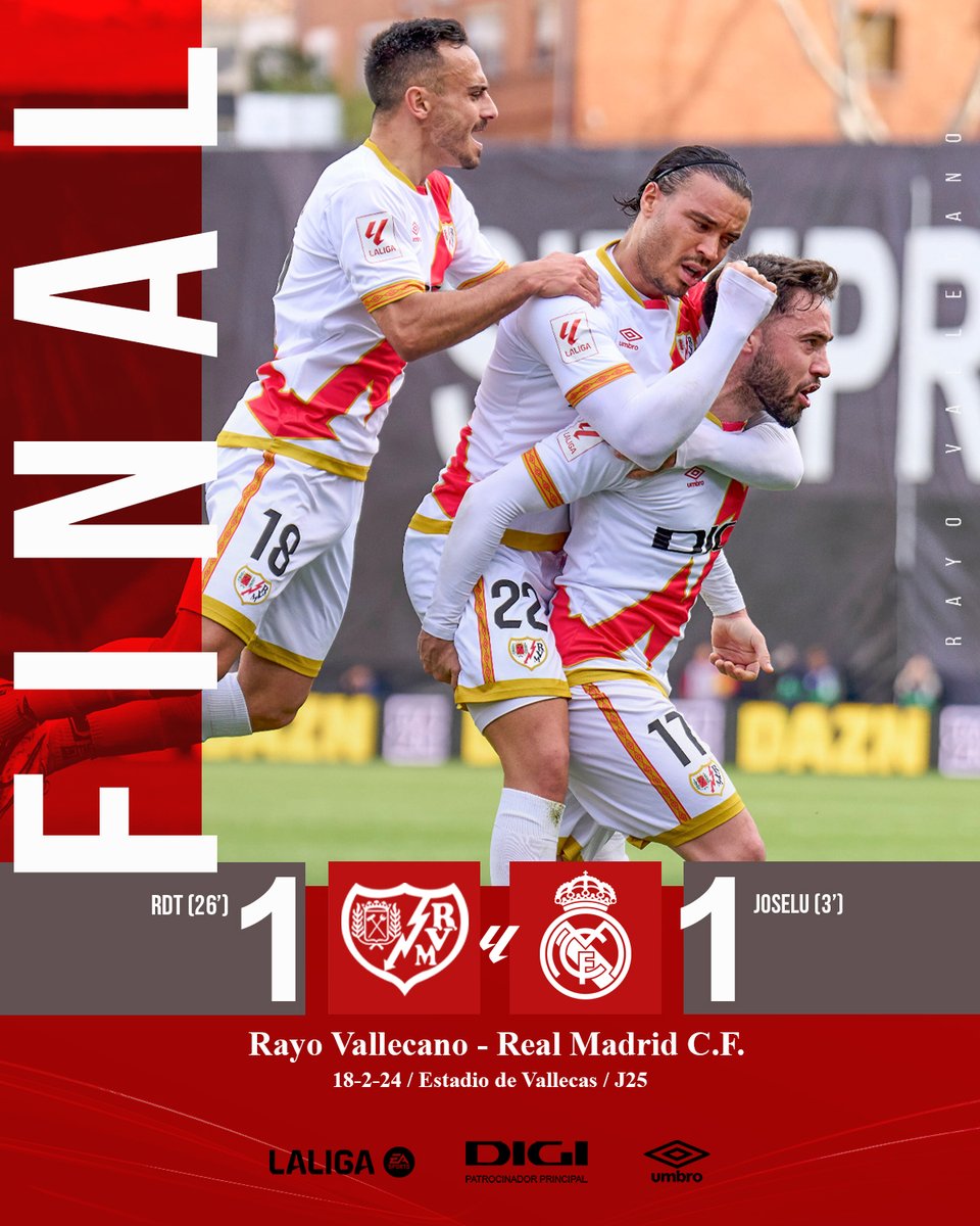 ⚡️ Final del partido en Vallecas ⚡️ ➕1⃣ Trabajadísimo punto ante el líder. ⚽️ R.D.T. #RayoRealMadrid #VamosRayo