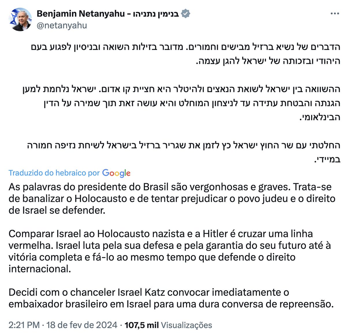 hoje_no's tweet photo. Após Lula comparar Israel à Alemanha nazista, dizendo ainda que a guerra de Israel contra o Hamas na Faixa de Gaza é igual ao que Hitler fez ao matar os judeus no Holocausto, Netanyahu reagiu com indignação, afirmando que "uma linha vermelha foi cruzada", pedindo a convocação do embaixador brasileiro em Israel para explicações.

Com a declaração de hoje, e tantas outras no passado recente, Lula está fechando as portas do Brasil para uma potência militar e tecnológica que poderia beneficiar muito o nosso país através de parcerias e intercâmbios. Lula também está afastando o nosso país da única democracia plena do Oriente Médio, preferindo associar e aproximar o Brasil de ditaduras como o Irã e de autocracias como o Egito.