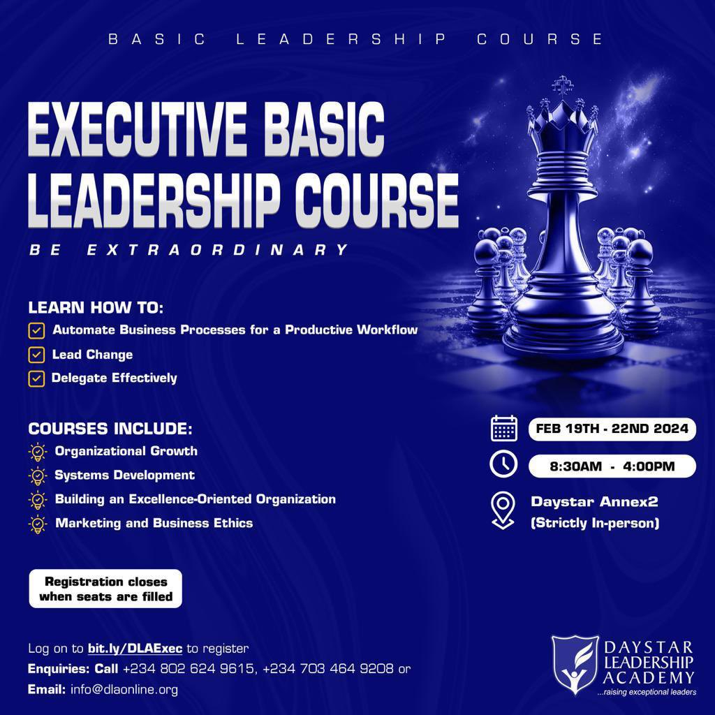 DaystarNG's tweet photo. Unlock your full potential at Daystar Leadership Academy’s Executive Leadership course! 

Starting from February 19th to the 22nd, 2024, join us for a transformative experience led by experienced professionals. 

Don’t miss this opportunity to gain invaluable knowledge and insights. 

Registration closes at 6pm today. Enroll now to secure your spot! (Link in bio)

For more details, call/WhatsApp our DLA TEAM at 
+234 802 624 9615,
+234 703 464 9208 
 📨 info@dlaonline.org
.
#LeadershipDevelopment #DaystarLeadershipAcademy