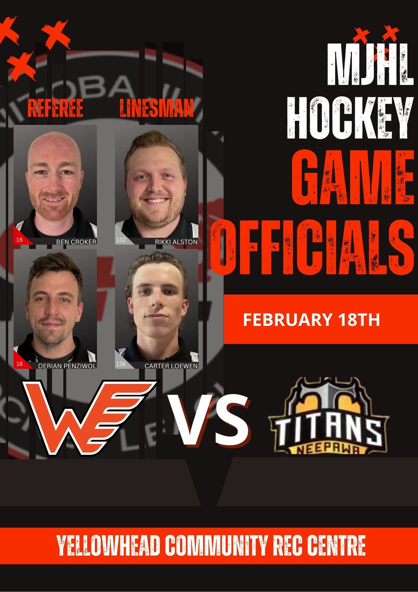 MJRefs's tweet photo. @winklerflyers vs @MJHLTitans 

🦓🟥 #16 Ben Croker
🦓🟥 #18 Derian Penziwol
🦓 #132 Rikki Alston
🦓 #138 Carter Loewen https://t.co/63aqEP8wrf
