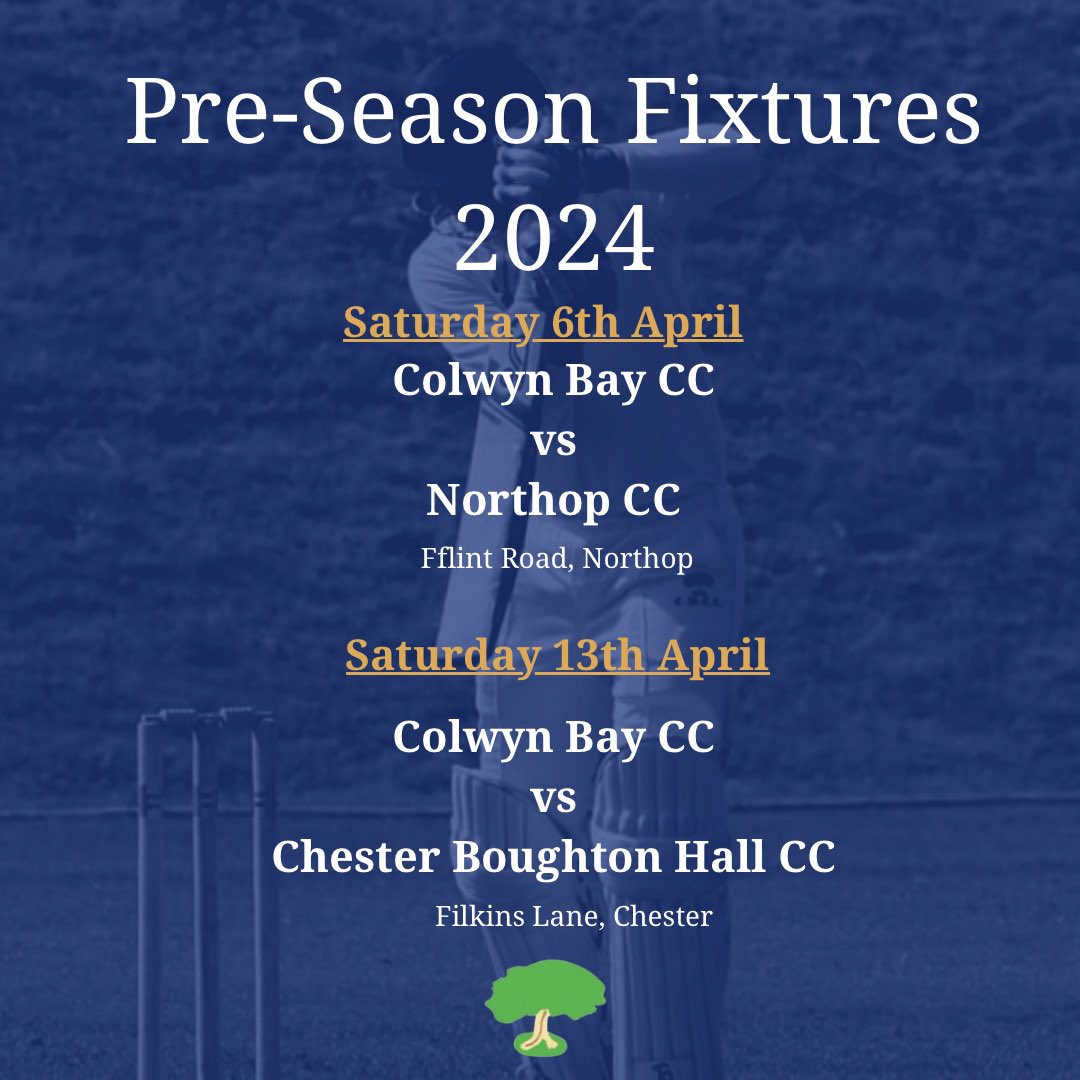 Our pre-season fixtures see our 1XI visit @NorthopCC on 6th April before the 1 & 2XI travel to @CBHCC on 13th April 🌳 #CBCC