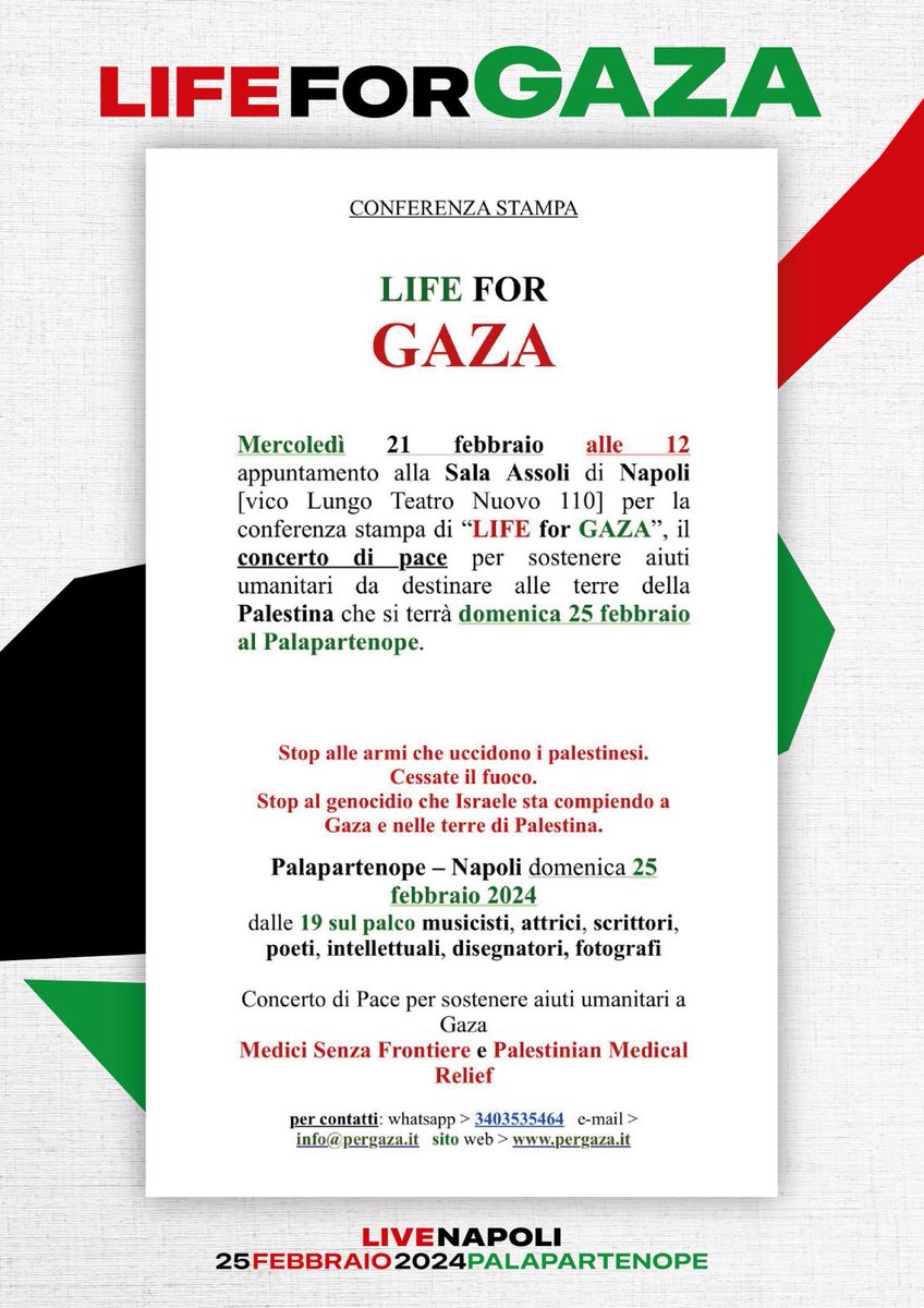 Domenica a Napoli primo concerto in Italia per Gaza.