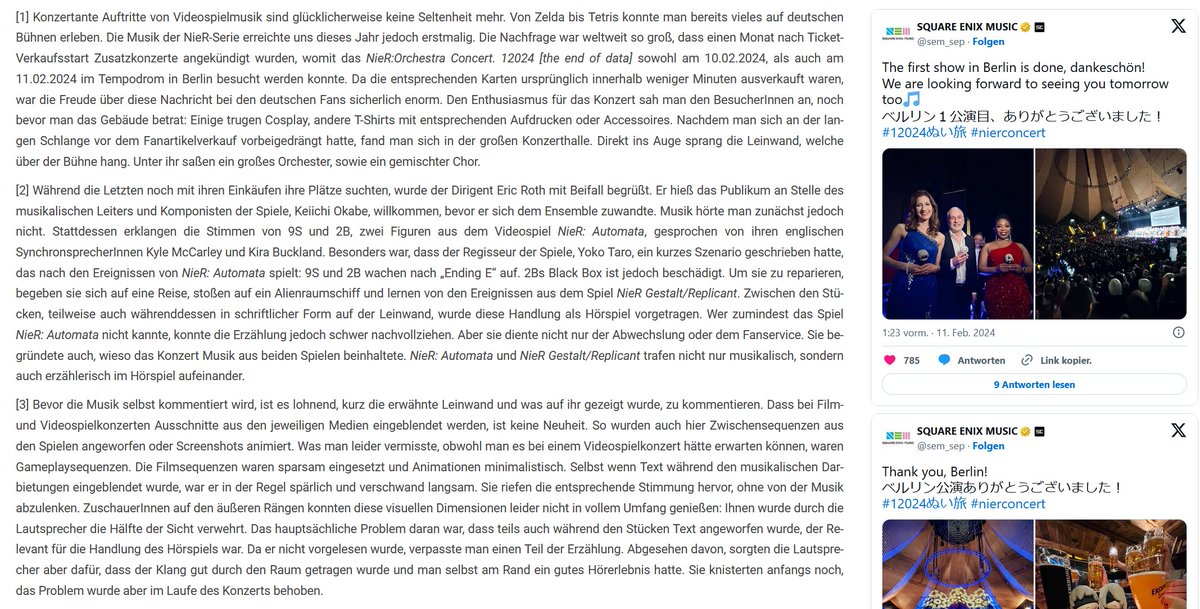 Letzte Woche fand das NieR:Orchestra Concert in Berlin statt, bei dem man Musik aus NieR Gestalt/Replicant und NieR: Automata live erleben konnte! Eine Rezension des überwältigenden Erlebnisses findet ihr auf unserer Webseite:

videospielmusikwissenschaft.de/rezension-a-jo…

#NierConcert | #NieR