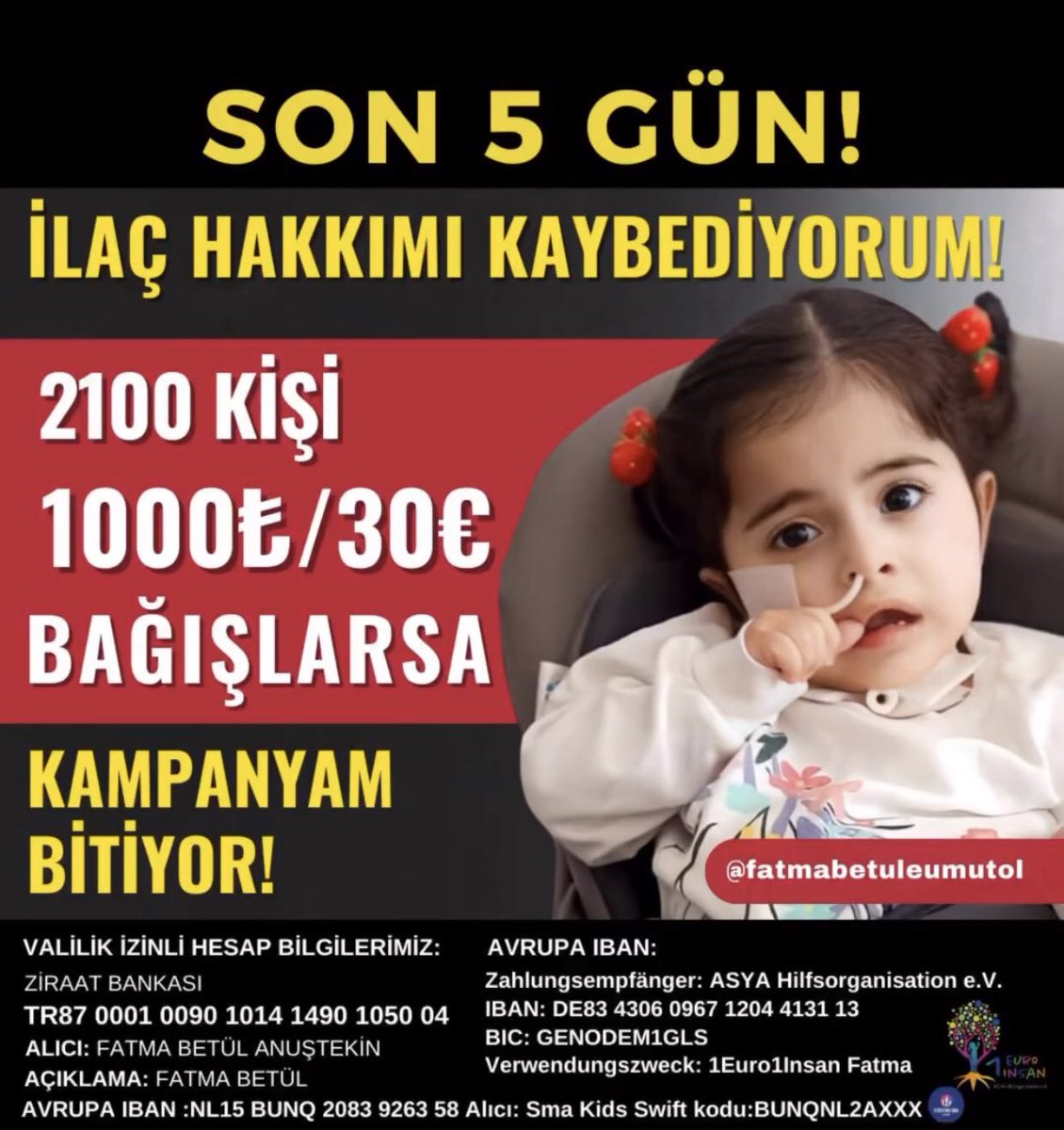 smafatmabetul's tweet photo. ARTIK ZAMAN YOK‼️
YARINDAN İTİBAREN SON 5 GÜN‼️
SON BİR DESTEK, SON BİR GAYRET

2100 KİŞİ 1000₺/30€ BAĞIŞLARSA YADA ÇEVRESİNDEN TOPLARSA FATMA BETÜL HAYALLERİNE, UMUTLARINA, İLACINA KOŞACAK‼️

EN ZOR GÜN BUGÜNSE, 
BUGÜN DE FATMA BETÜL‼️

FATMA BETÜL İÇİN SİZ DE BİZİMLE MİSİNİZ? https://t.co/M1qMryZcz9