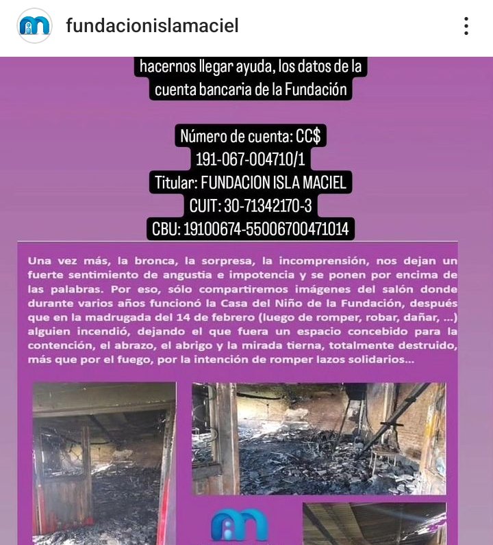 #solidaridad Además de la pérdida material ya q nuestro espacio de Las Infancias quedó bajo las cenizas,hubo pérdida de capital simbólico:todo lo realizado por nuestrxs niñxs RECONSTRUIREMOS ENTRE TODXS CTA FUND ISLA MACIEL CC$191-067-004710/1 CBU 19100674-55006700471014 Alias: