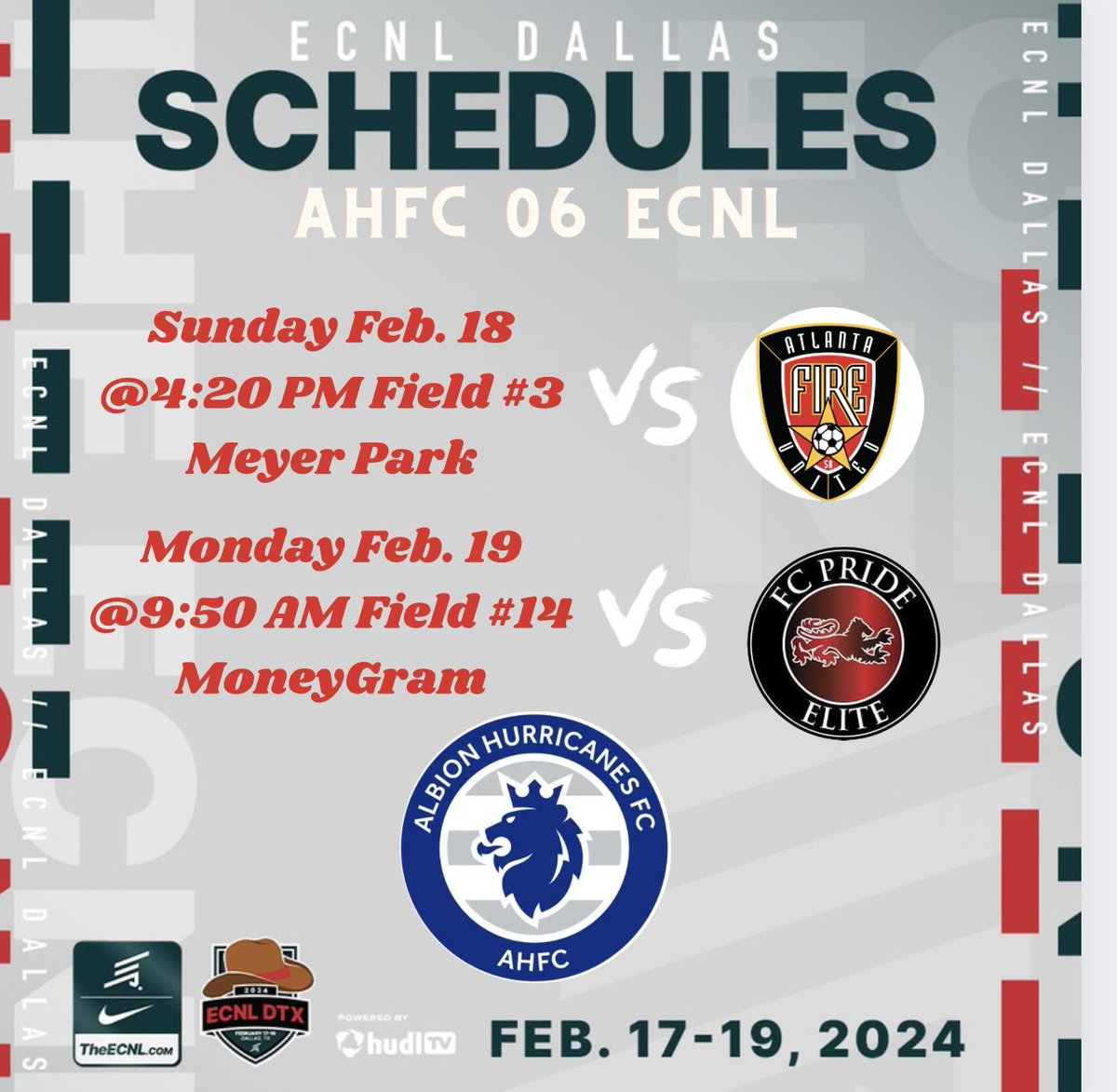 It’s Day ✌️in Dallas! 🥶

Game pushed back to 4:20 pm on Field #3️⃣.  We have lots of uncommitted 2025’s and 2026’s playing this weekend! 

Come ✅ us out! 👀💙

#ahfcsoccer #ahfcpride #ahfcfamily
