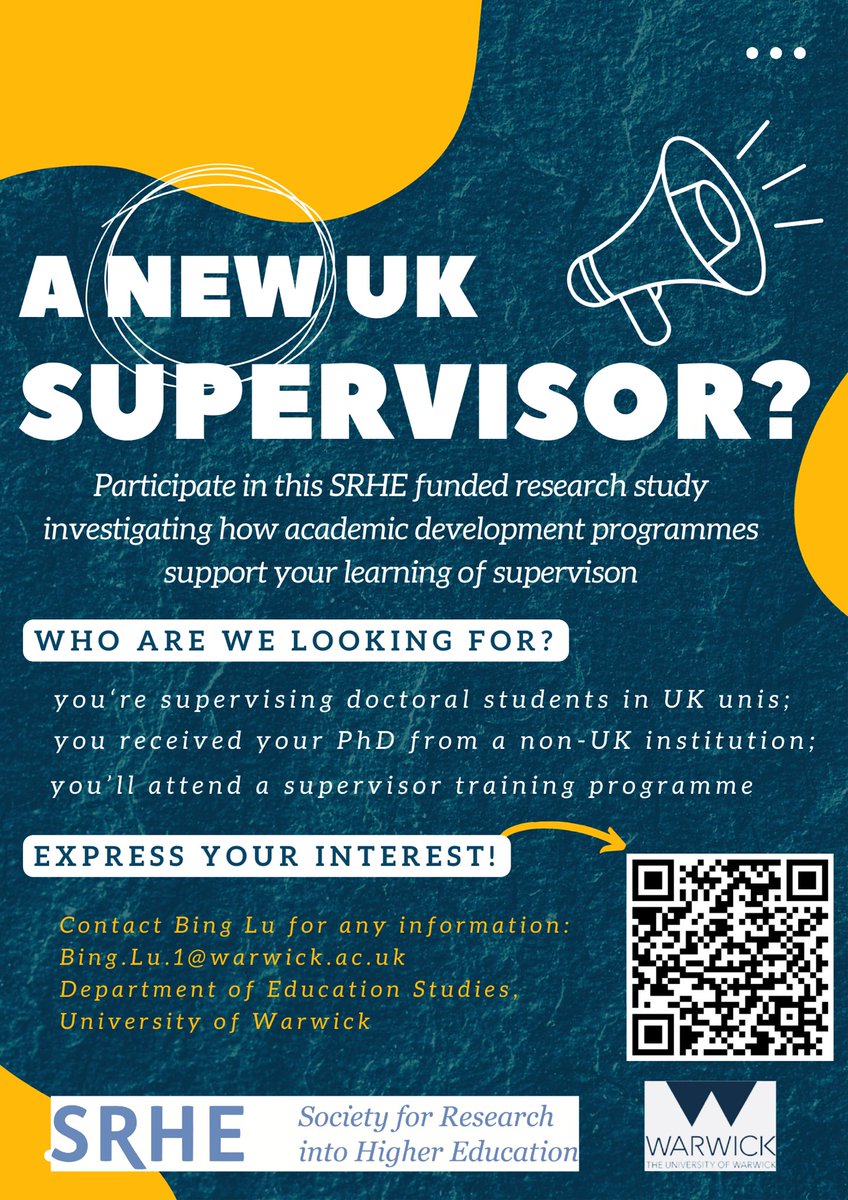 Alice Lu (@binglualice) on Twitter photo Participants needed! 🔈
Contact me if you’d like to participate in this new <a href="/SRHE73/">SRHE</a> project investigating how migrant supervisors learn to supervise in the UK. Pls fill out the MS form to express interest forms.office.com/e/64v4bry5VP?o… or scan the QR code. Thx for spreading the word! 🏃🏻♀️ Participants needed! 🔈
Contact me if you’d like to participate in this new <a href="/SRHE73/">SRHE</a> project investigating how migrant supervisors learn to supervise in the UK. Pls fill out the MS form to express interest forms.office.com/e/64v4bry5VP?o… or scan the QR code. Thx for spreading the word! 🏃🏻♀️