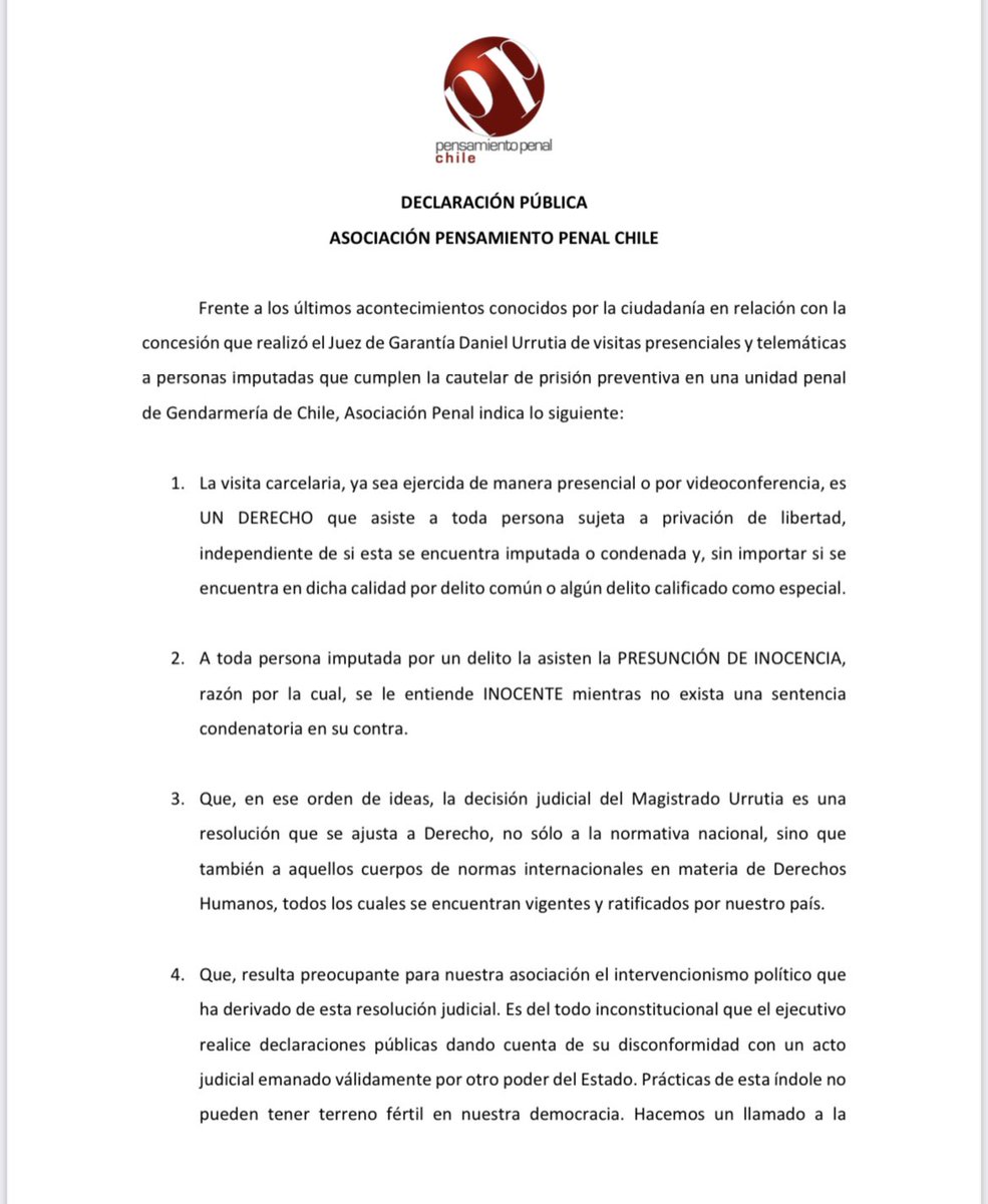 pensapenalchile's tweet photo. 🔴 Declaración Pública de nuestra Asociación sobre resolución judicial cuestionada por el Gobierno en relación a visita a centros penitenciarios e imputados por causas mediáticas. https://t.co/1GZ6mzQyFn