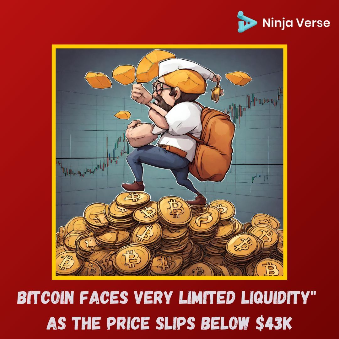 Ninjaverse12's tweet photo. 📉 Bitcoin faces challenges with "very limited liquidity" as the price slips below $43K. The market experiences rangebound swings amid concerns about order book liquidity. #Bitcoin #CryptoMarket #Liquidity https://t.co/w9qAGzAlhH