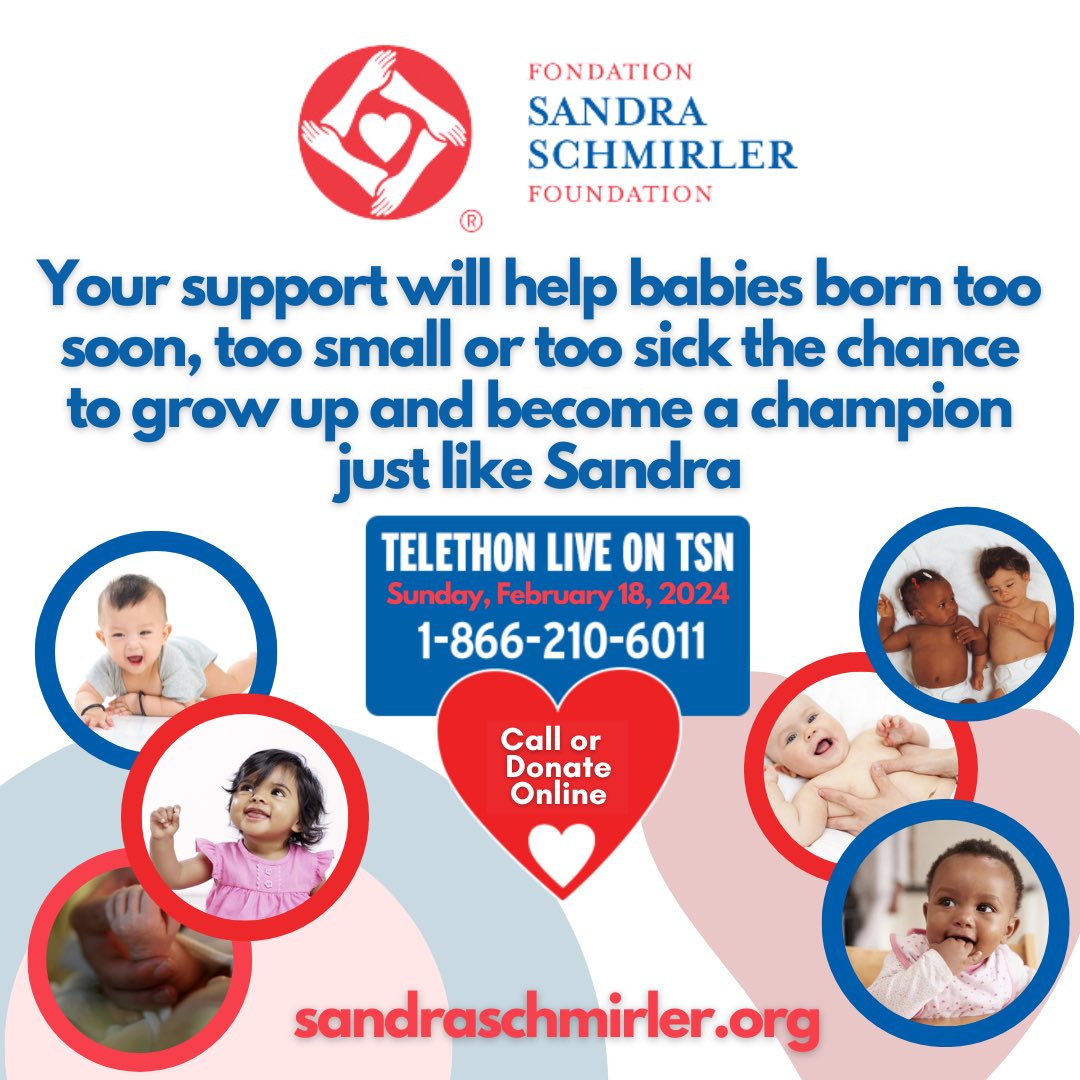 Today we’re hoping YOU can help us set a record breaking goal of $1 million to support the purchase of life-saving equipment for babies in Canada! The phone lines are OPEN for our Telethon from the Scotties on TSN!  
💻sandraschmirler.org&amp;utm_source=twitter
☎️1-866-210-6011