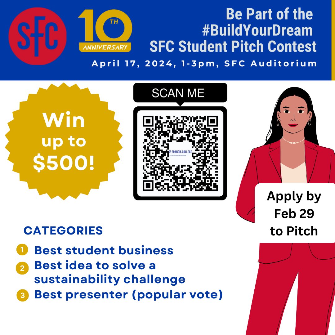 Calling all SFC students to apply for the next epic SFC #BuildYourDream business pitch contest. Scan code below for details and apply by Feb 29!👇

#brooklyn #studententrepreneur #startups #sfcny