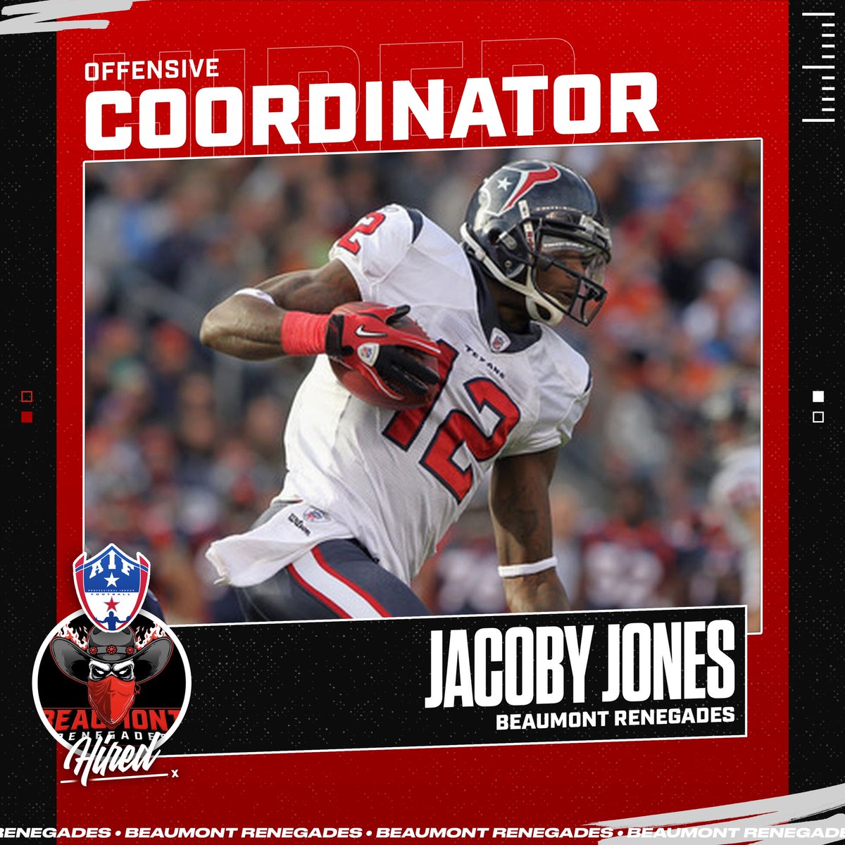 We are thrilled to announce that former Houston Texan and Super Bowl champion Jacoby Jones has signed on to be our offensive coordinator!

Read the press release here at our website!

beaumontrenegades.com/post/for-immed…

#americanfootball #arenafootball #americanindoorfootball #football