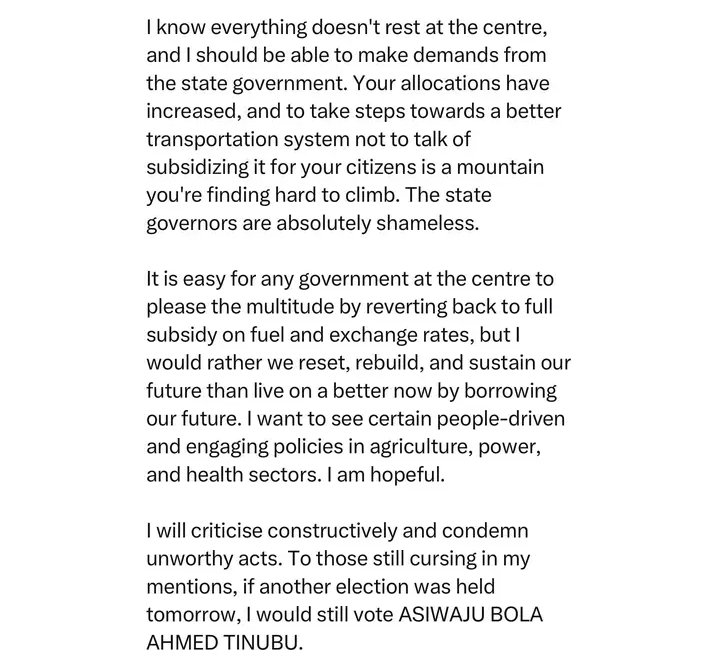 Love1Essien's tweet photo. “If another election was held tomorrow, I would still vote Tinubu” - Seyi Law says as he tackles state governors for doing nothing to help Nigerians

#Tinubu #seyi #seyilaw #Nigeria https://t.co/7gkj9AyJeI