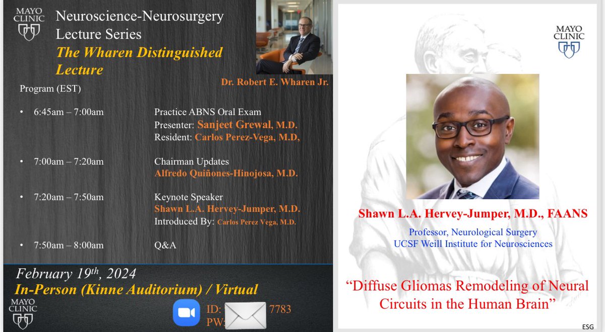 We are thrilled and honored to have Dr. <a href="/HerveyJumper/">Shawn Hervey-Jumper</a> as our Wharen Distinguished Mayo Clinic Florida  Neuroscience-Neurosurgery Lecture Series Visiting Professor! 🧠  Monday 2/19/24 @ 7AM EST ! <a href="/MayoClinicNeuro/">Mayo Clinic Neuro</a> <a href="/DoctorQMd/">Dr. Alfredo Quiñones-Hinojosa</a>
<a href="/MayoClinic/">Mayo Clinic</a> (contact for more information).