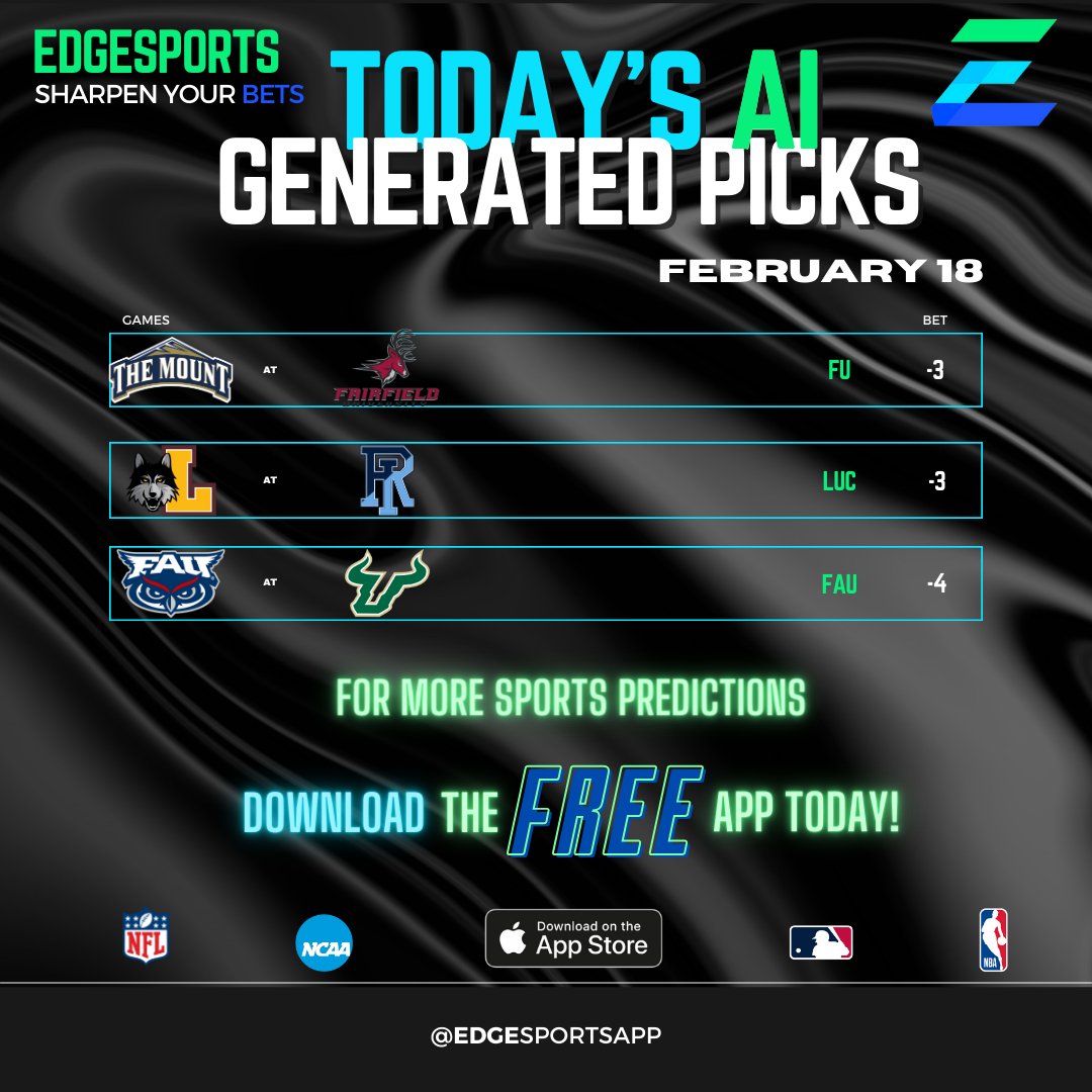 Here are some of today's AI generated sports predictions for college basketball! Download our FREE app for more daily picks!

#mountsaintmarys #fairfielduniversity #loyola #rhodeislanduniversity #floridaatlanticuniversity #southfloridauniversity #ncaabasketball #ai #aipicks