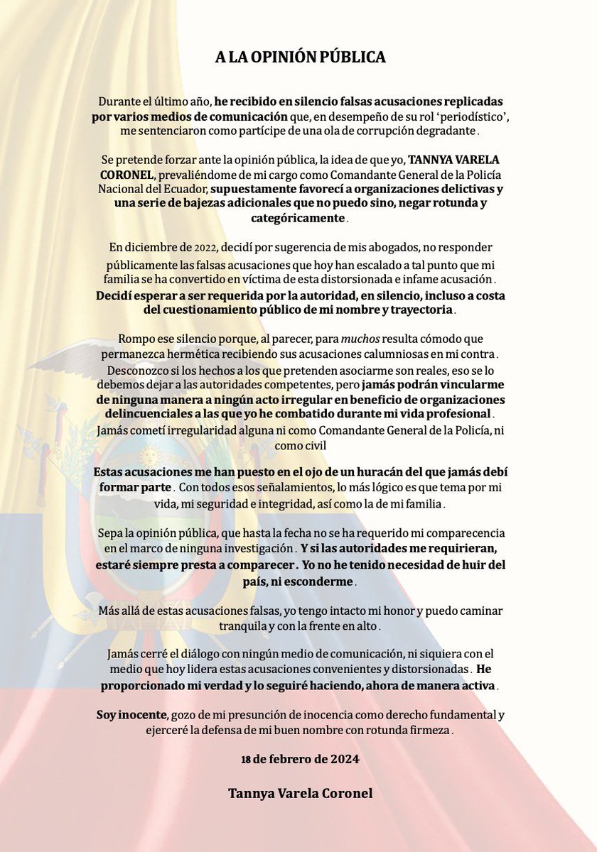 tannyavarelac66's tweet photo. A LA OPINIÓN PÚBLICA

Rompo el silencio porque, al parecer, para muchos resulta cómodo que permanezca hermética recibiendo sus acusaciones calumniosas en mi contra.

Soy inocente y ejerceré la defensa de mi buen nombre con rotunda firmeza. https://t.co/gVBp4FdmoK