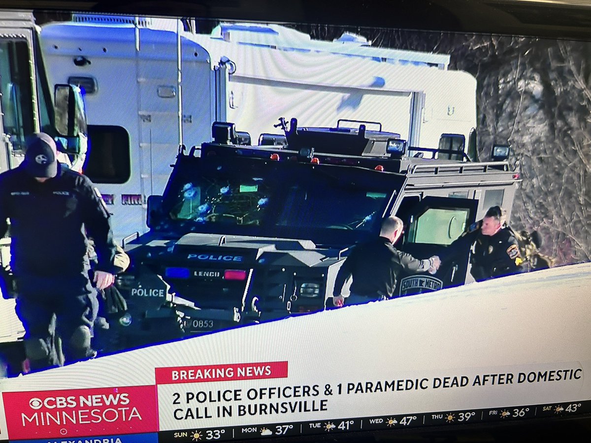 BREAKING: 2 police officers and 1 paramedic are dead after a domestic call in Burnsville.
This image from our crew on the scene shows a SWAT vehicle with at least 6 bullet holes in the windshield. 

Thinking of all our law enforcement impacted by this tragedy 💔

<a href="/WCCO/">WCCO | CBS News Minnesota</a>