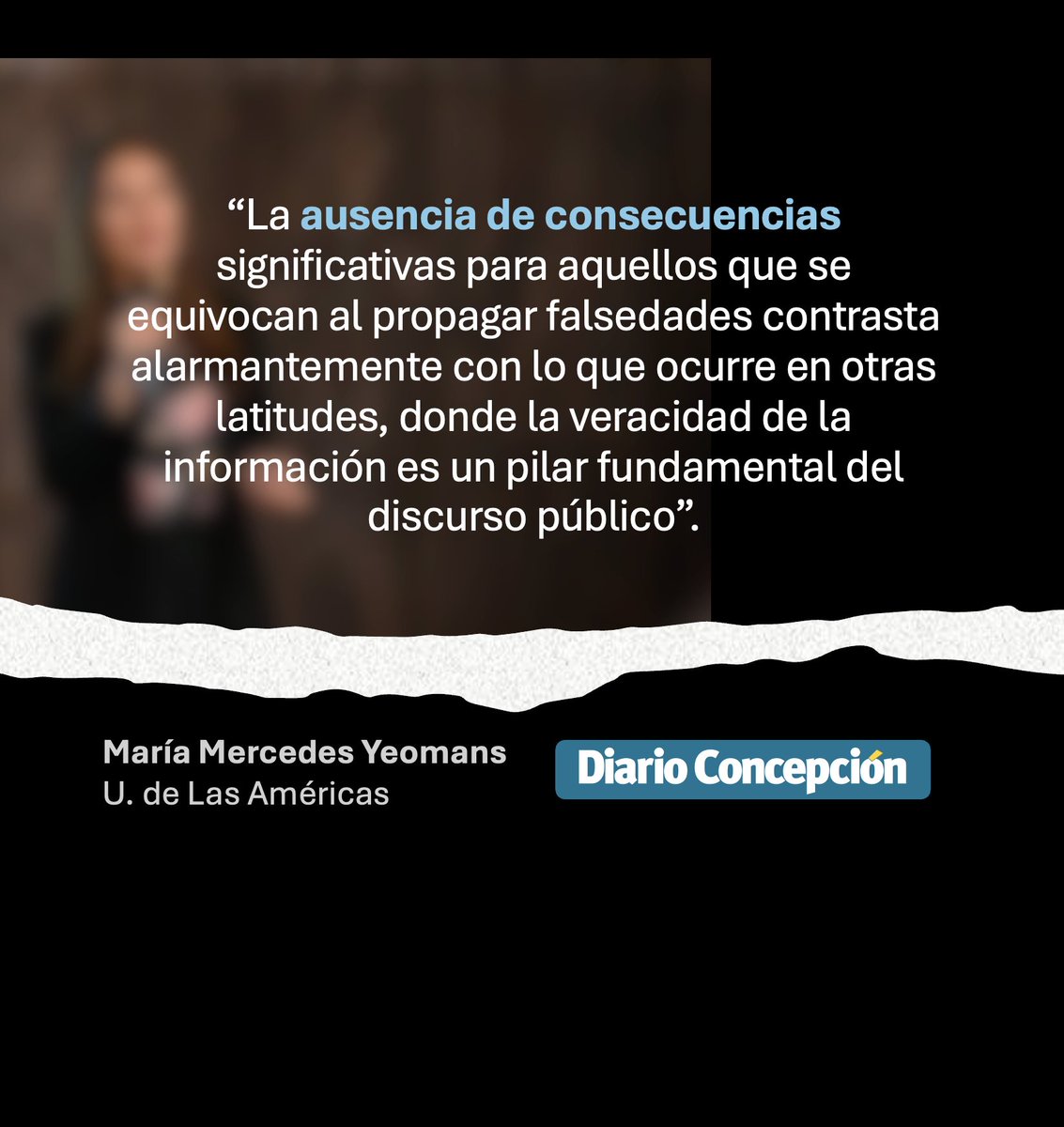 En <a href="/DiarioConce/">Diario Concepción</a> , Académica de la Facultad <a href="/SaludSocUDLA/">Facultad de Salud y Ciencias Sociales UDLA</a>  <a href="/UDLA_CL/">UDLAChile</a> se refiere a la ausencia de consecuencias para las #FakeNews. Leer más ➡ lnkd.in/e8YNpNuN

<a href="/UDLAInvestiga/">Investigación UDLA</a> #UDLA #Desinformación #Chile #DiscursoPúblico