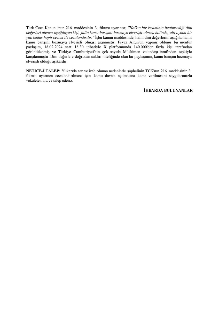 gurbetogli's tweet photo. Feyza Altun isimli şahsın İslam dinine etmiş olduğu hakaret nedeniyle, bir grup avukat olarak suç duyurusunda bulunacağız. Metin aşağıdaki şekilde. Bireysel olarak bu metni kullanarak herkes suç duyurusunda bulunabilir. https://t.co/wDqYvL9Cfd