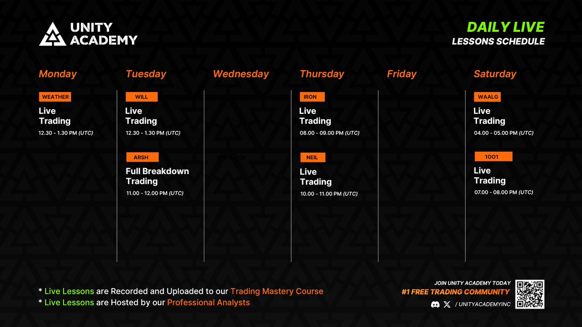 Live Trading Classes Weekly Schedule 
[19th - 26th] 👇

• Learn From Industry Specialist Crypto Analysts
• Live Trading Signals
• Q &amp; A

⛩️ | Join Our Free Crypto Community Group

#Crypto $ETH $SOL #TradingSignals