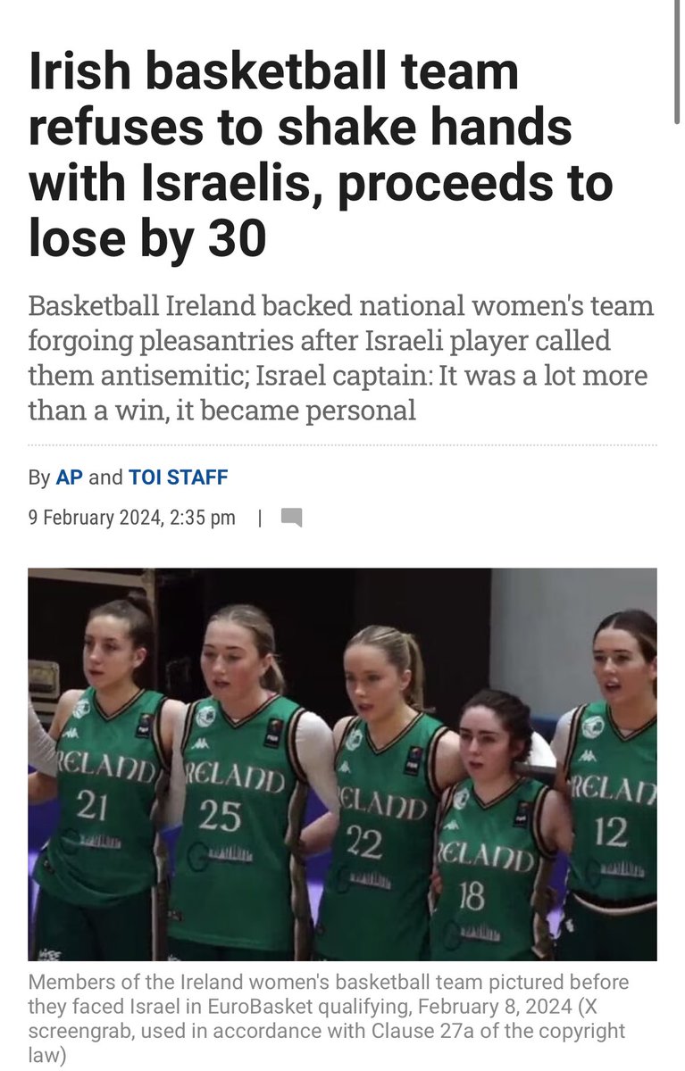 Irish basketball team refuses to shake hands with Israelis