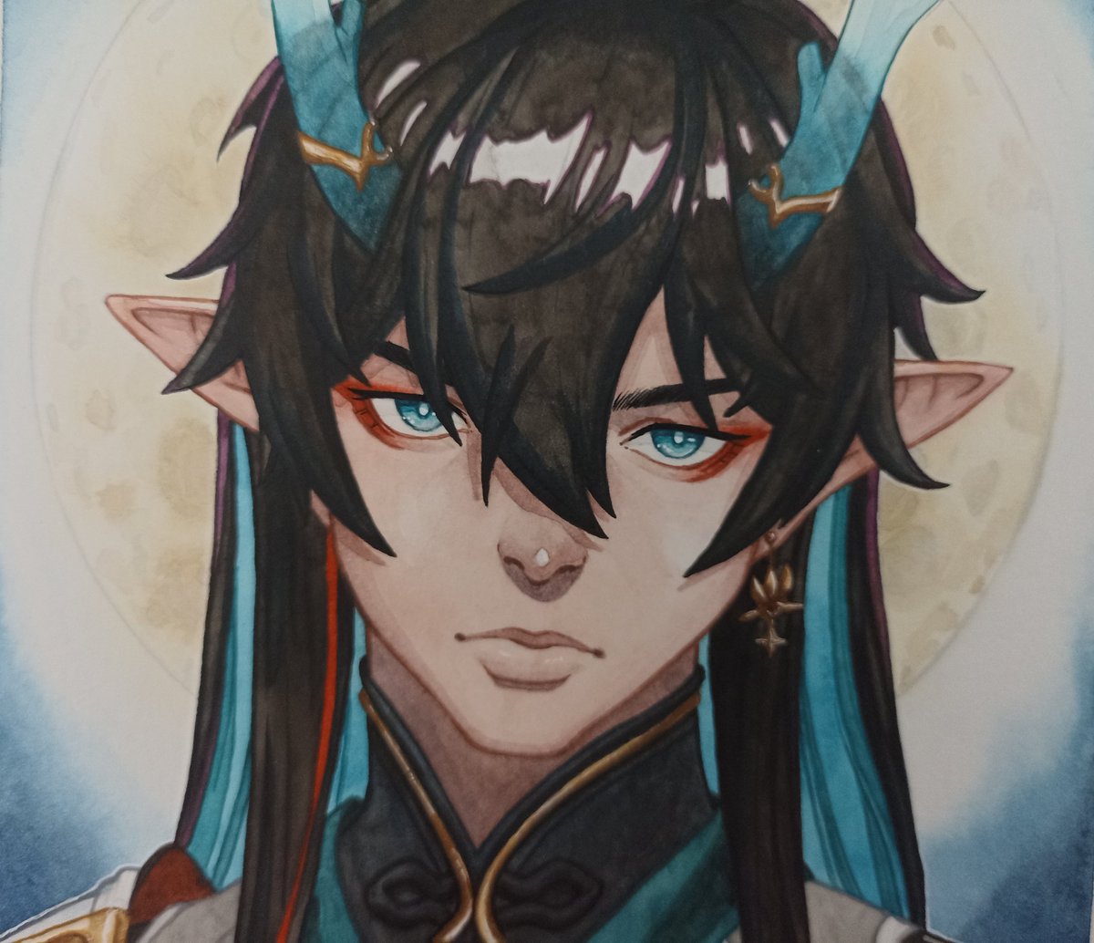 OckerLuiza's tweet photo. Imbi portrait that I painted for my friend @TheNougget 
#Imbi #ImbibitorLunae #Imaginary #danheng #HonkaiStarRail 
Watercolor and gouache on paper. https://t.co/nhvIWA24cf