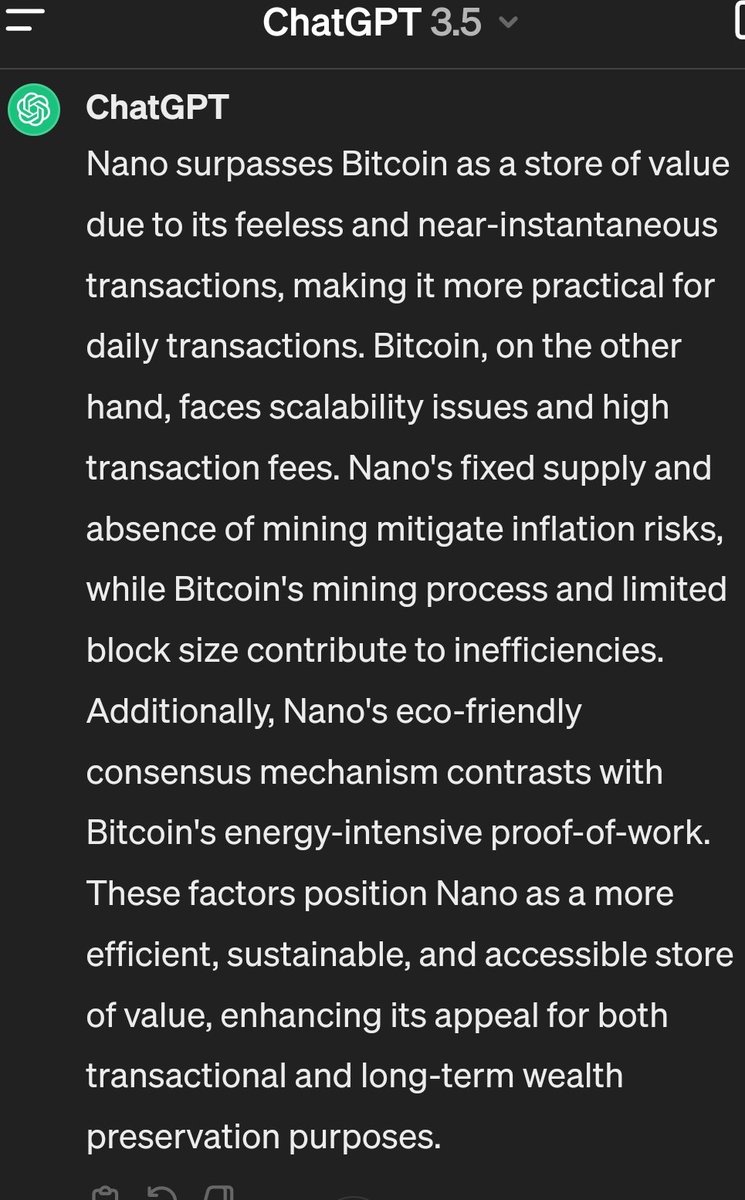 JUSTICELOVEMER1's tweet photo. I asked ChatGPT to explain why Nano is a better store of value than Bitcoin in about 100 words.
#Nano $XNO #Ӿ #StudyNano #ChatGPTChoosesNano #AILovesNano #AICryptoPicks #ArtificialIntelligence #AITrading #TrustTheAI #BitcoinKiller #ChatGPT #BetterThanBitcoin https://t.co/SaGor21EKD