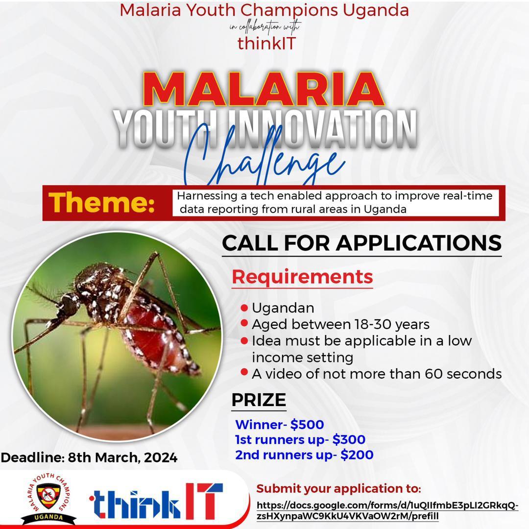 As the fight Against Malaria Continues, here comes a test on your innovative and inclusive mind, Join the #MalariaYouthInnovationChallenge Be part of the solution And also win yourself a PRIZE To apply; forms.gle/1Dpxa5BCAVdfJ2… Deadline for applications is 8th/03/2024 #thinkIt