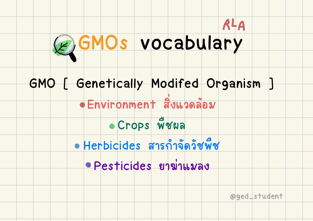 ged_student's tweet photo. อย่างที่คุ้นหูคุ้นตากัน GED RLA ออกแพสเสจเกี่ยวกับ GMOs เยอะม๊าก เพราะฉะนั้น จำศัพท์กันไปก่อนสอบด้วยน๊าาา เพื่อความแม่นยำในการแปลแพสเสจ และตอบคำถาม👀🕵🏻‍♀️✨ #สอบged #wetoged https://t.co/kvUKO6Who9