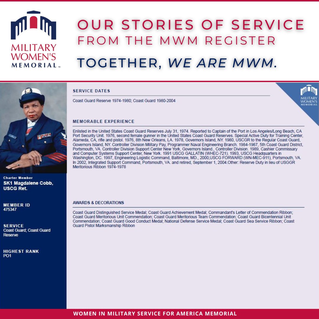In pre-celebration of the US COAST GUARD RESERVE'S 83rd BIRTHDAY,
today's Sunday Stories from the MWM Register highlight some of our dedicated USCGR women. Thank you for you service!

TOGETHER #WeAreMWM
#HerMemorial
#HonorEducateEmpowerRemember