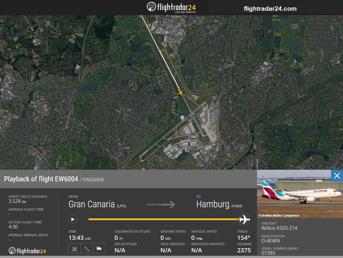 JacdecNew's tweet photo. Eurowings Airbus A320 (D-AEWN, built 2016) suffered multiple damaged tyres on landing runway 15 at Hamburg-Intl AP (EDDH), Gemany with 182 on board.  Flight #EW6004 from Las Palmas became disabled on the runway abeam of taxiway E4. Passengers disembarked on the sport via emergency airstairs.
https://t.co/j39ahyViYE
https://t.co/tJhanyP3Hb
