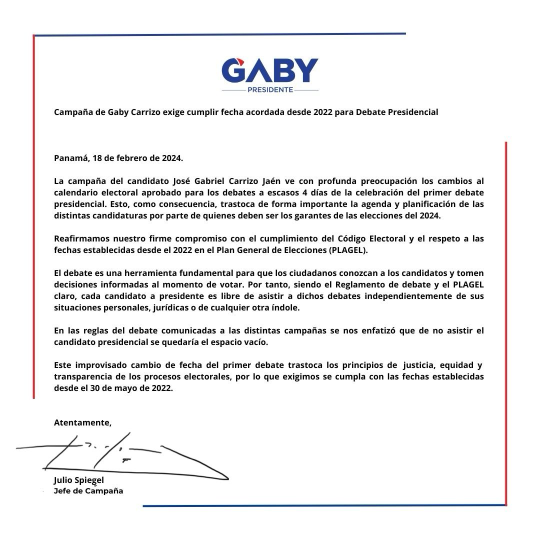 Comunicado de Julio Spiegel, jefe de campaña del candidato José Gabriel “Gaby” Carrizo