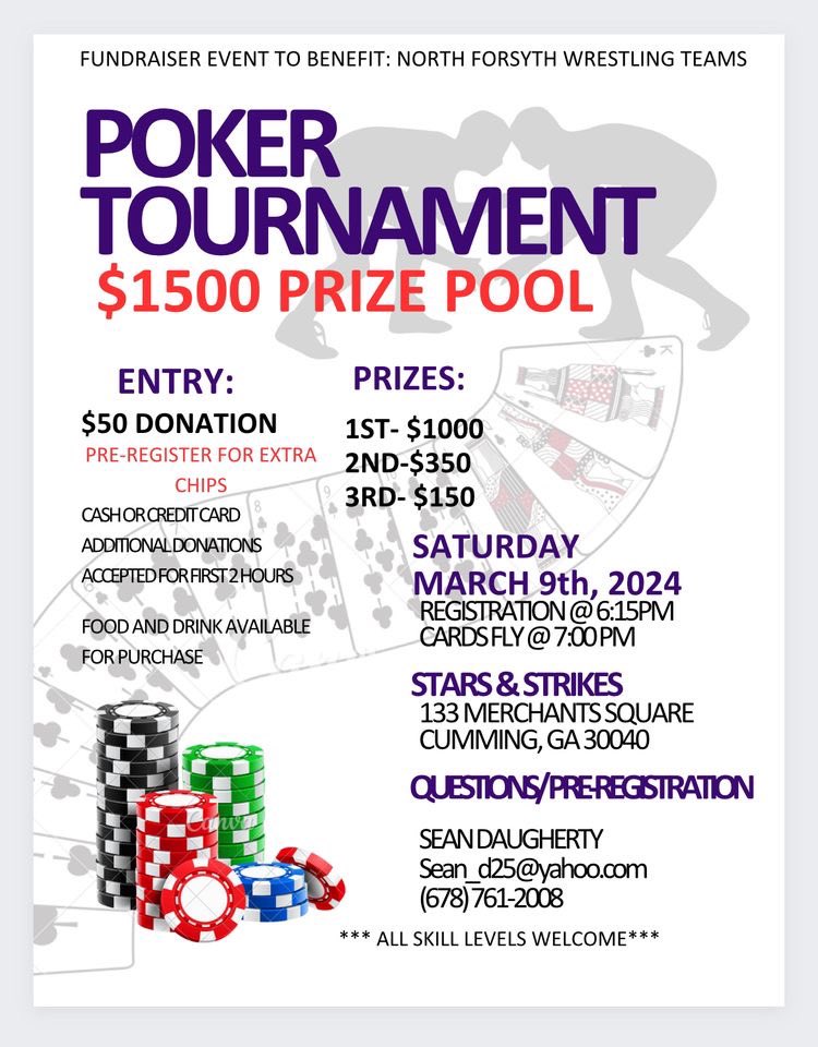 Seth Daugherty (@seth24daugherty) on Twitter photo Please mark your calendar to attend and help promote our Poker Tournament on March 9th we are looking to purchase a competition mat for the team
Remember to prepay to get extra chips for the event
<a href="/NoFoDOFO/">Blake Palmer</a>
<a href="/cnsmuck/">Travis Jarrard</a>
<a href="/NFWrestling/">NorthForsythWrestlin</a>
<a href="/ForsythSports/">FCN Sports</a>
<a href="/BobCarnaroli/">Bob Carnaroli</a>
<a href="/NFTheNation/">NOFORAIDERNATION</a> Please mark your calendar to attend and help promote our Poker Tournament on March 9th we are looking to purchase a competition mat for the team
Remember to prepay to get extra chips for the event
<a href="/NoFoDOFO/">Blake Palmer</a>
<a href="/cnsmuck/">Travis Jarrard</a>
<a href="/NFWrestling/">NorthForsythWrestlin</a>
<a href="/ForsythSports/">FCN Sports</a>
<a href="/BobCarnaroli/">Bob Carnaroli</a>
<a href="/NFTheNation/">NOFORAIDERNATION</a>