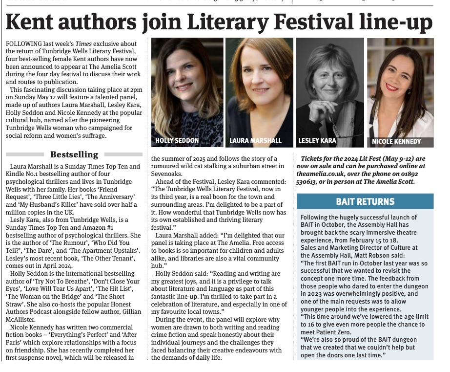 So excited to be taking part in the Tunbridge Wells Literary Festival this May, with my new posse of Kent-based writing pals! Here we are on Page 3 of The Times (The Times of Tunbridge Wells, that is 😂) although I'm beginning to wish I'd sent a colour photo as I'm looking a…