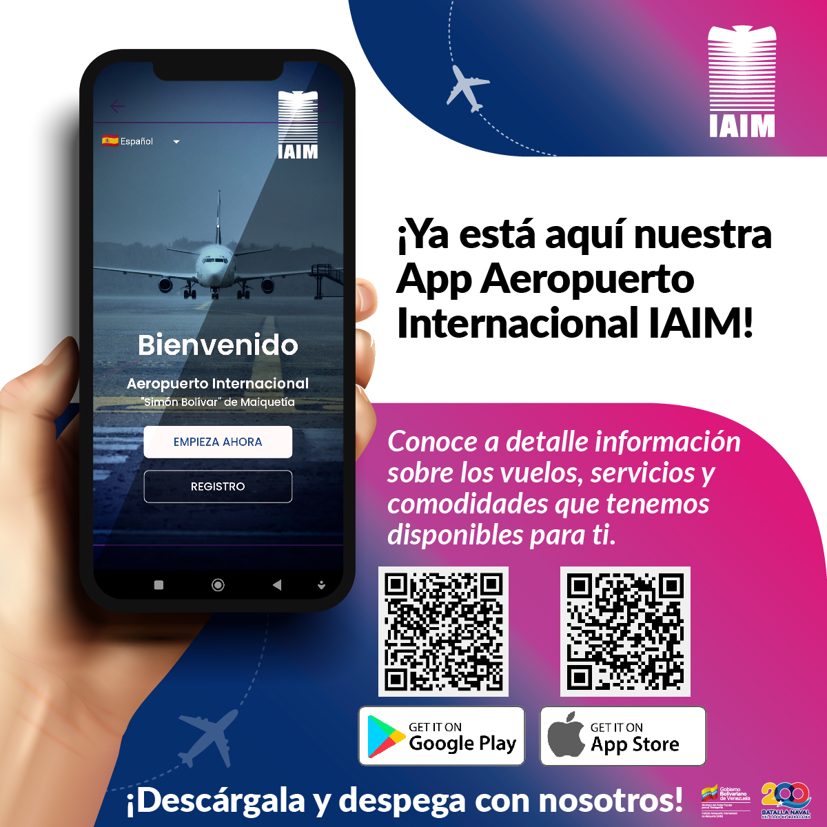 IAIM_VE's tweet photo. #IAIMApp || Despega junto al IAIM y planifica tu viaje desde el Aeropuerto Internacional "Simón Bolívar" de Maiquetía usando nuestra nueva app. Todo lo relacionado con el terminal aéreo a tu alcance. https://t.co/mkdu6VYPAo