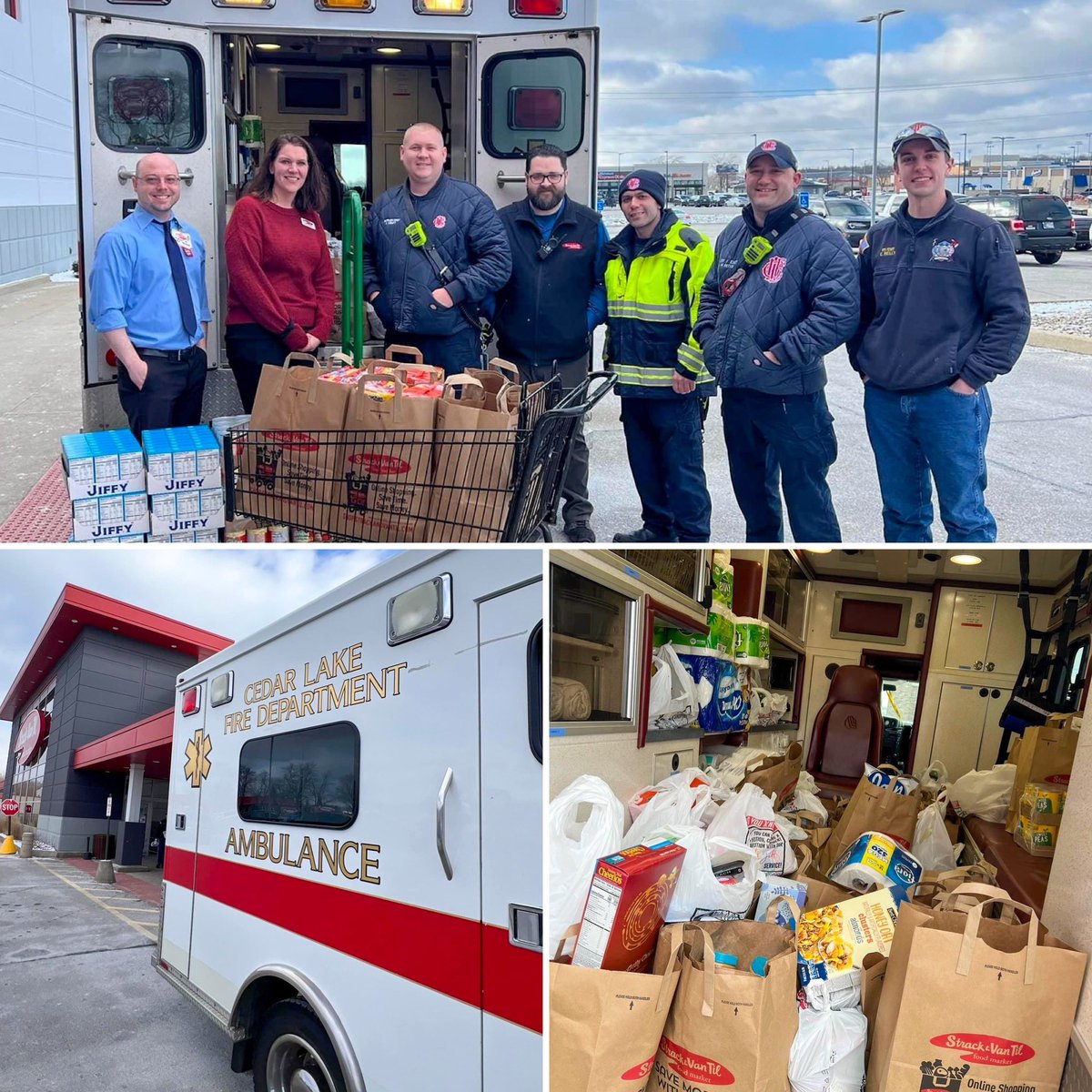PFFUI's tweet photo. .@CLFD_IAFFL5141 hosted their annual “Fill the Ambulance” Food Drive on Saturday. Local 5141 members collected non-perishable food items that will be donated to food pantries in Cedar Lake and Hanover Township. #firefighters #indiana https://t.co/clK4UpeM9H