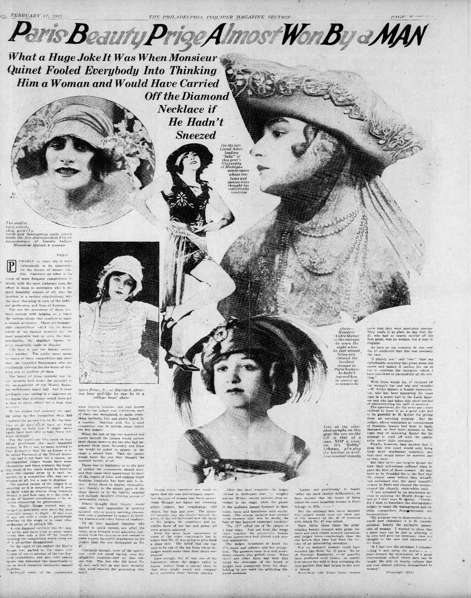 100YearsAgoLive's tweet photo. Scandal erupts in Paris as a man almost wins the Moulin Rouge beauty contest.

The contestant, who was described as “dainty, queenly, sweetly shy, and girlish,” was about to be selected as winner when he sneezed so hard that nobody could mistake his manhood. https://t.co/ETB2S9LVKH