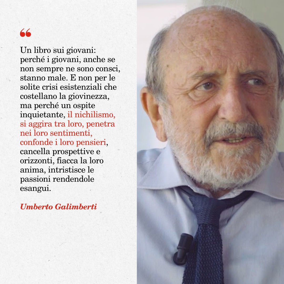 'Il nichilismo, si aggira tra loro, penetra nei loro sentimenti, confonde i loro pensieri, cancella prospettive e orizzonti, fiacca la loro anima, intristisce le passioni rendendole esangui'.
#UmbertoGalimberti ospite a @LaTorrediBabele #CorradoAugias #LaTorreDiBabele