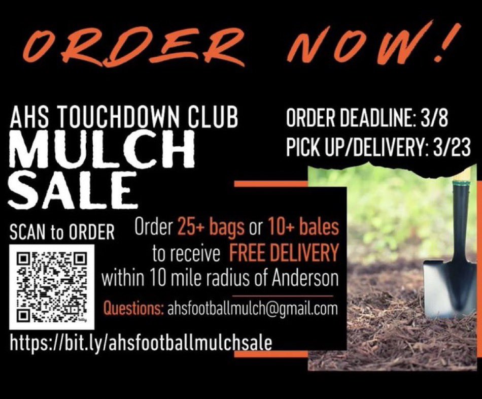 AHS_TDClub's tweet photo. It’s mulch madness time!  Order your mulch today to support the Anderson Football Team!

https://t.co/nsWveWK6Zi https://t.co/97b1znOz5q