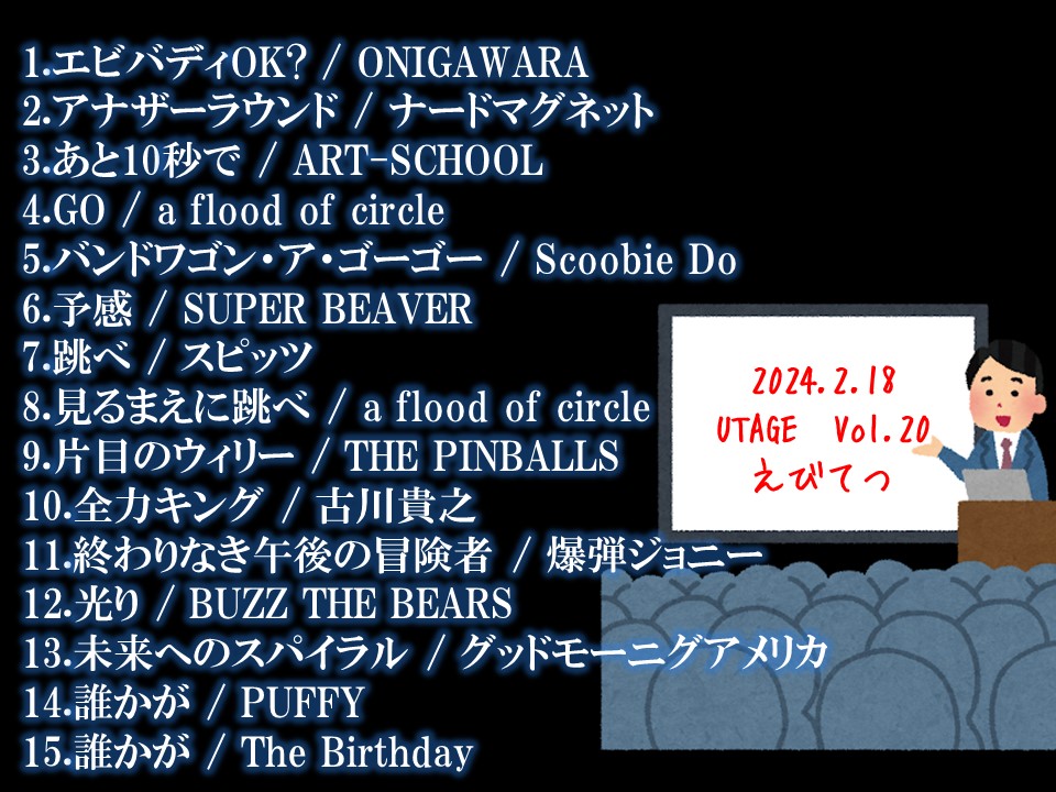 ebitetsu's tweet photo. 1年２か月ぶりのUTAGE、諸々のミスやトラブルでお見苦しい所をお見せしました。ご紹介した楽曲は下記のとおりです。
ゲストのenouくんのプレゼンに併せSpotifyのリンクも用意しましたので、気になった曲やアーティストがありましたらこの機会にぜひ。
#UTAGE20
https://t.co/FJdt8WNECk https://t.co/xgdpOE4MlI
