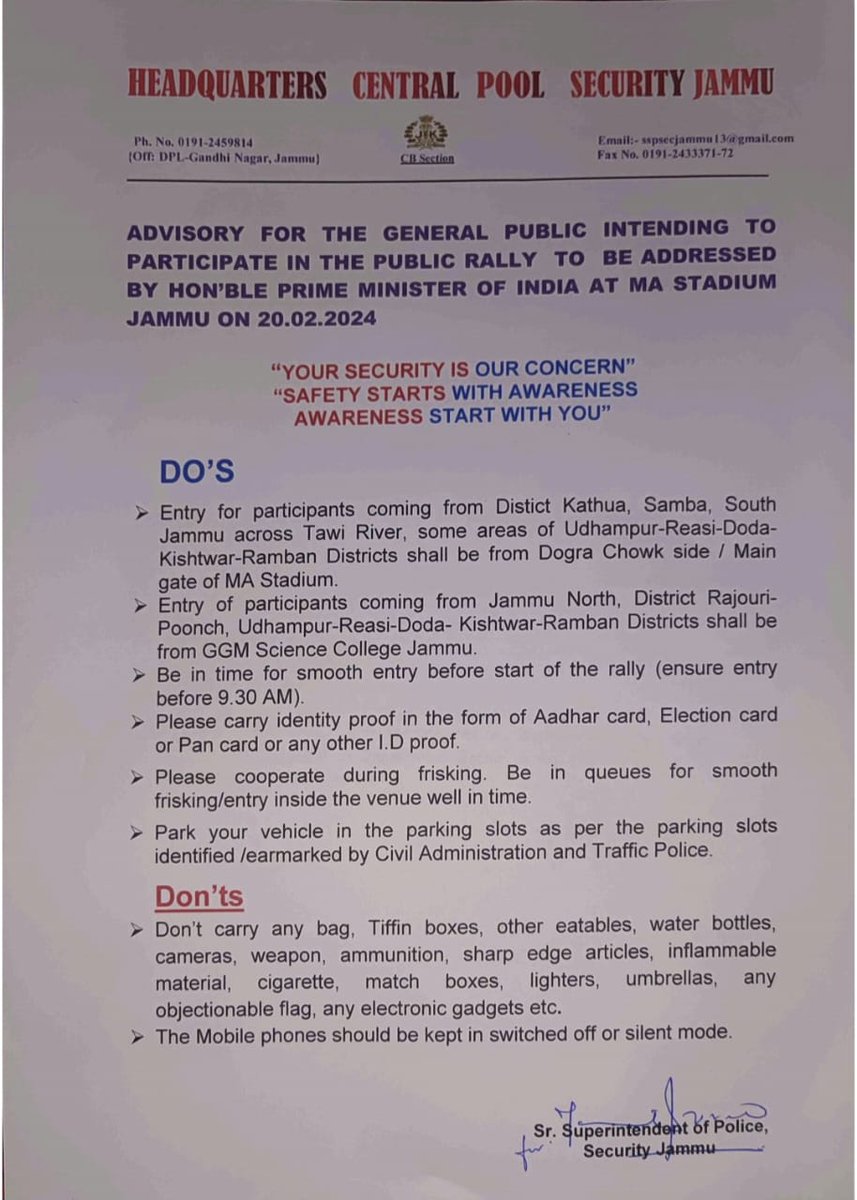 Advisory for the General Public Intending to participate in the Public Rally to be addressed by Hon'ble Prime Minister of India at MA Stadium Jammu
